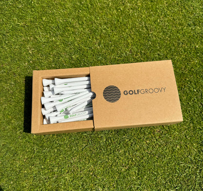 Golf Groovy White Bamboo Tees! 50 x 70mm Tees in Brown Logo Box