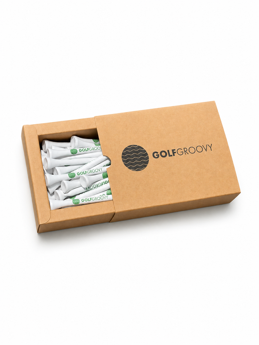 Golf Groovy White Bamboo Tees! 50 x 70mm Tees in Brown Logo Box