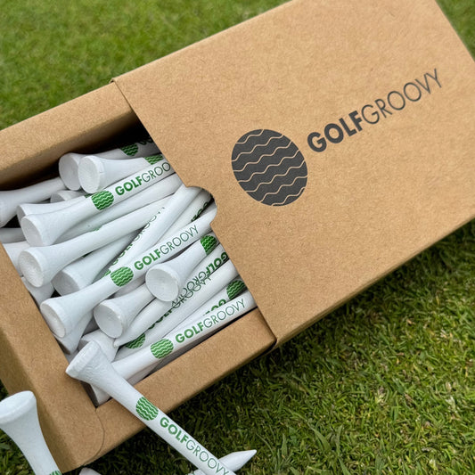 Golf Groovy White Bamboo Tees! 50 x 70mm Tees in Brown Logo Box